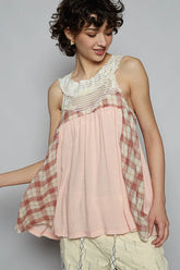 POL Crochet Lace Plaid Panel Detail Tank OutfitFlow